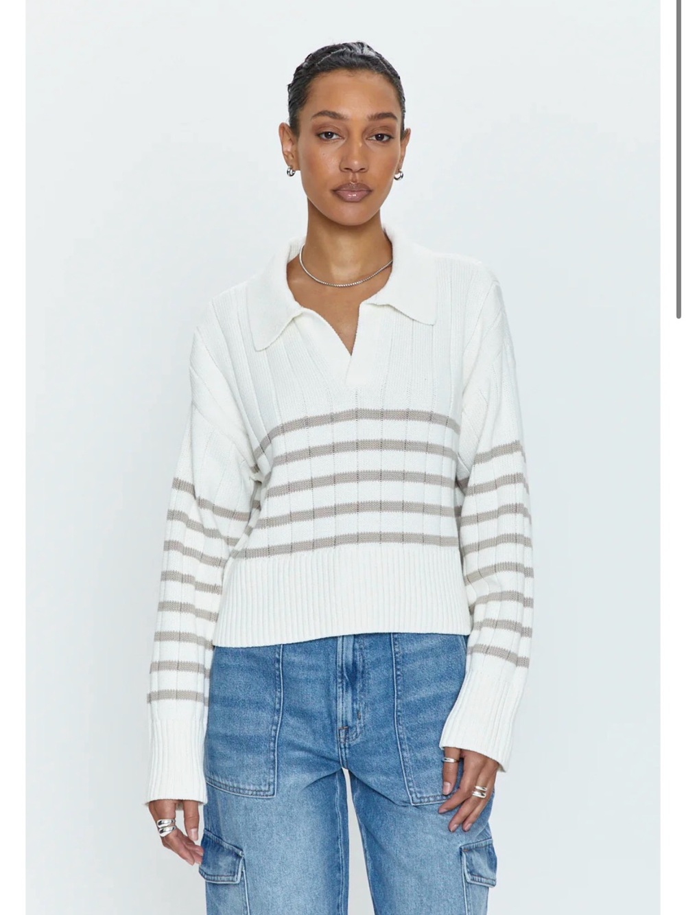Pistola Arlo Sweater: Striped Collared Knit Sweater - White & Light Taupe